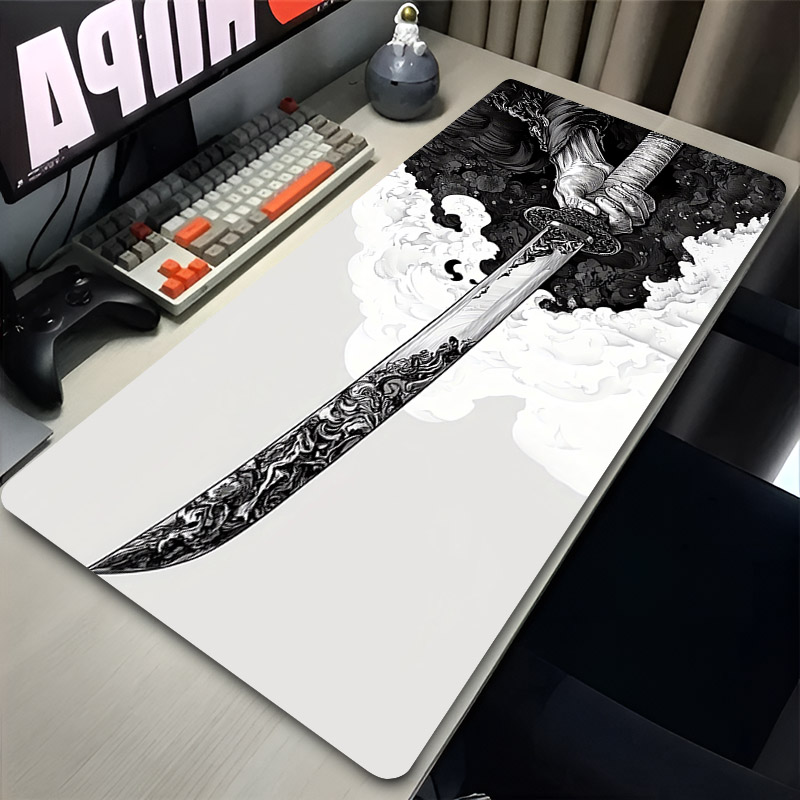 Bubble Sword Wand - Samurai สีดําและสีขาวอะนิเมะ Mousepad Gamer คีย์บอร์ดเมาส์ขนาดใหญ่ Pad