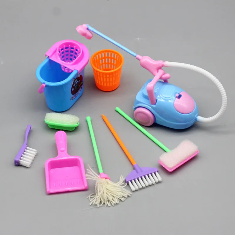 Kids Outdoor Broom - ชุดอุปกรณ์ทำความสะอาดบ้านตุ๊กตาขนาดเล็ก 9 ชิ้น ถังน้ำ ไม้ถูพื้น แปรง