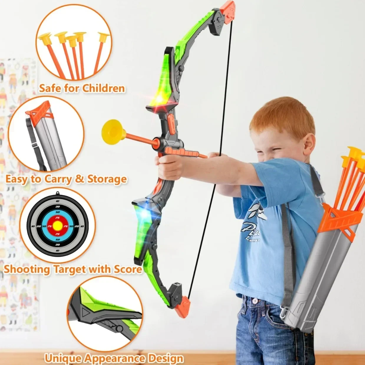 Kids Outdoor Archery Set - ชุดธนูยิงเป้ากลางแจ้งสำหรับเด็ก พร้อมไฟ ชุดยิงธนูแบบโค้ง ของเล่นสำหรับเด็กชายและเด็กหญิง เกมล่าสัตว์ ของขวัญคริสต์มาส
