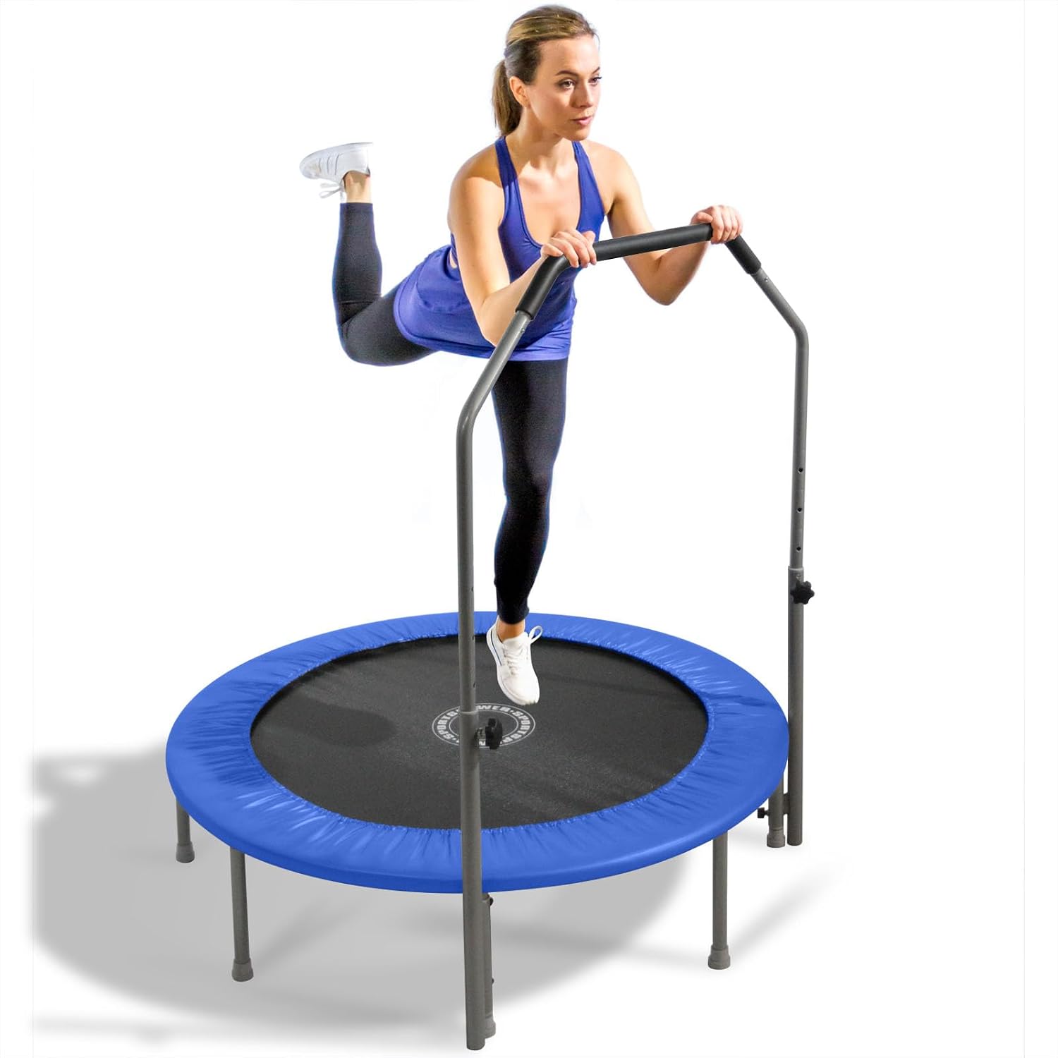 Mini Trampoline Spring - แทรมโพลีนขนาดเล็กสำหรับออกกำลังกาย พร้อมแผ่นรองสปริงและราวจับ ขนาด 4 ฟุต สีน้ำเงิน