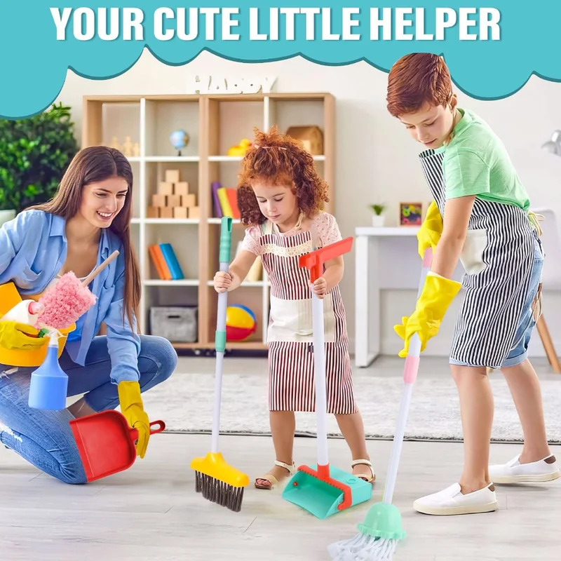 Kids Outdoor Broom - ชุดทำความสะอาดสำหรับเด็ก 16 ชิ้น - อุปกรณ์ทำความสะอาดบ้านพร้อมไม้กวาด, ที่ตักขยะ,