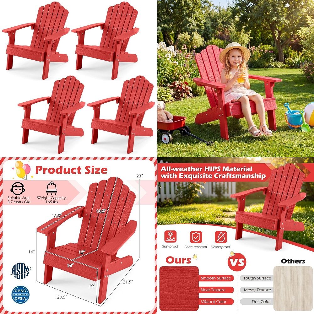 Kids Outdoor Adirondack Chair - เก้าอี้เด็ก Adirondack, เก้าอี้กลางแจ้งสำหรับเด็ก AllWeather HIPS, เก้าอี้พลาสติกเนื้อไม้สำหรับเตาไฟ,