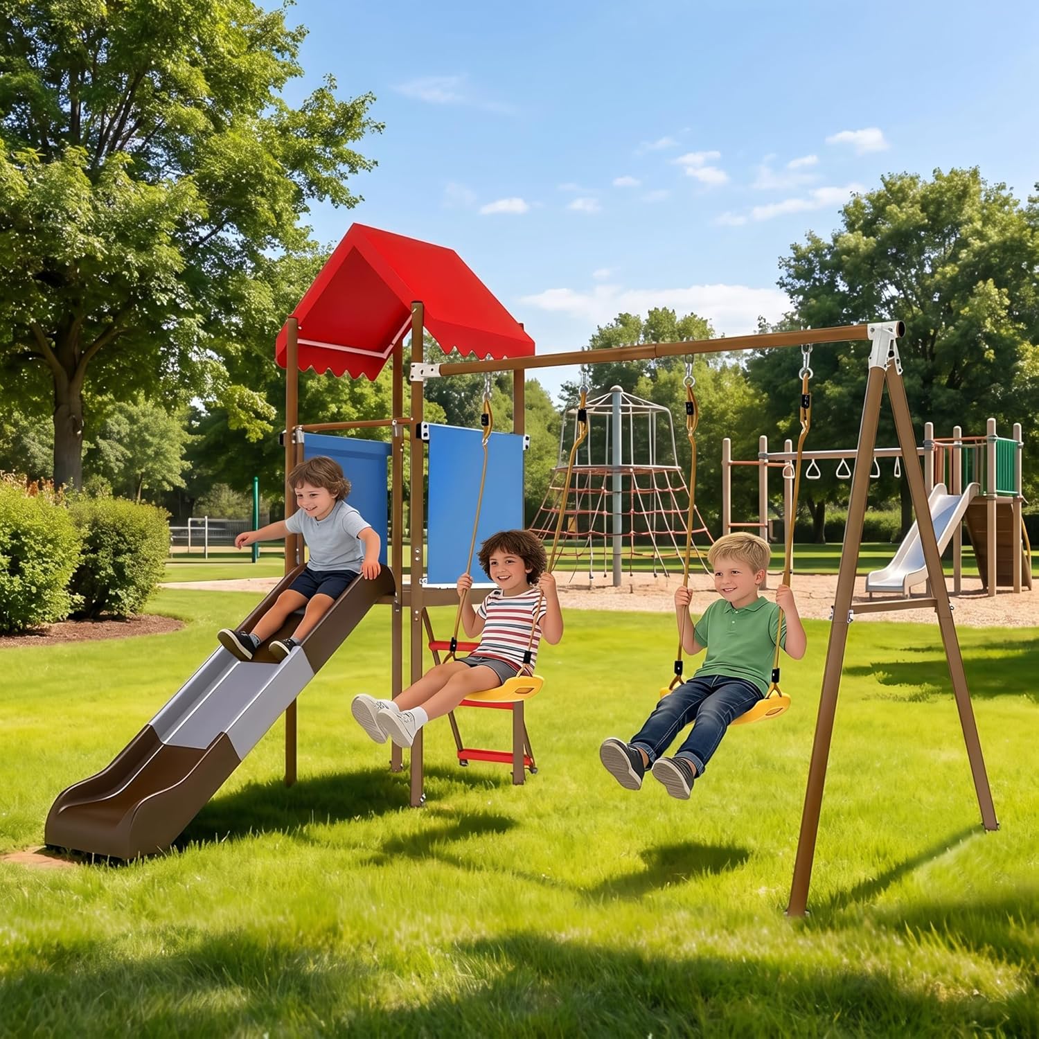 ชุดชิงช้าโลหะสำหรับเด็กพร้อมสไ - Kids Outdoor Swing And Slide บทวิจารณ์และราคา